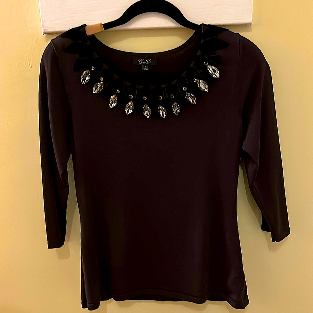 Stunning Camille La Vie soft knit dressy shirt with 9 marquis shaped rhinestones
